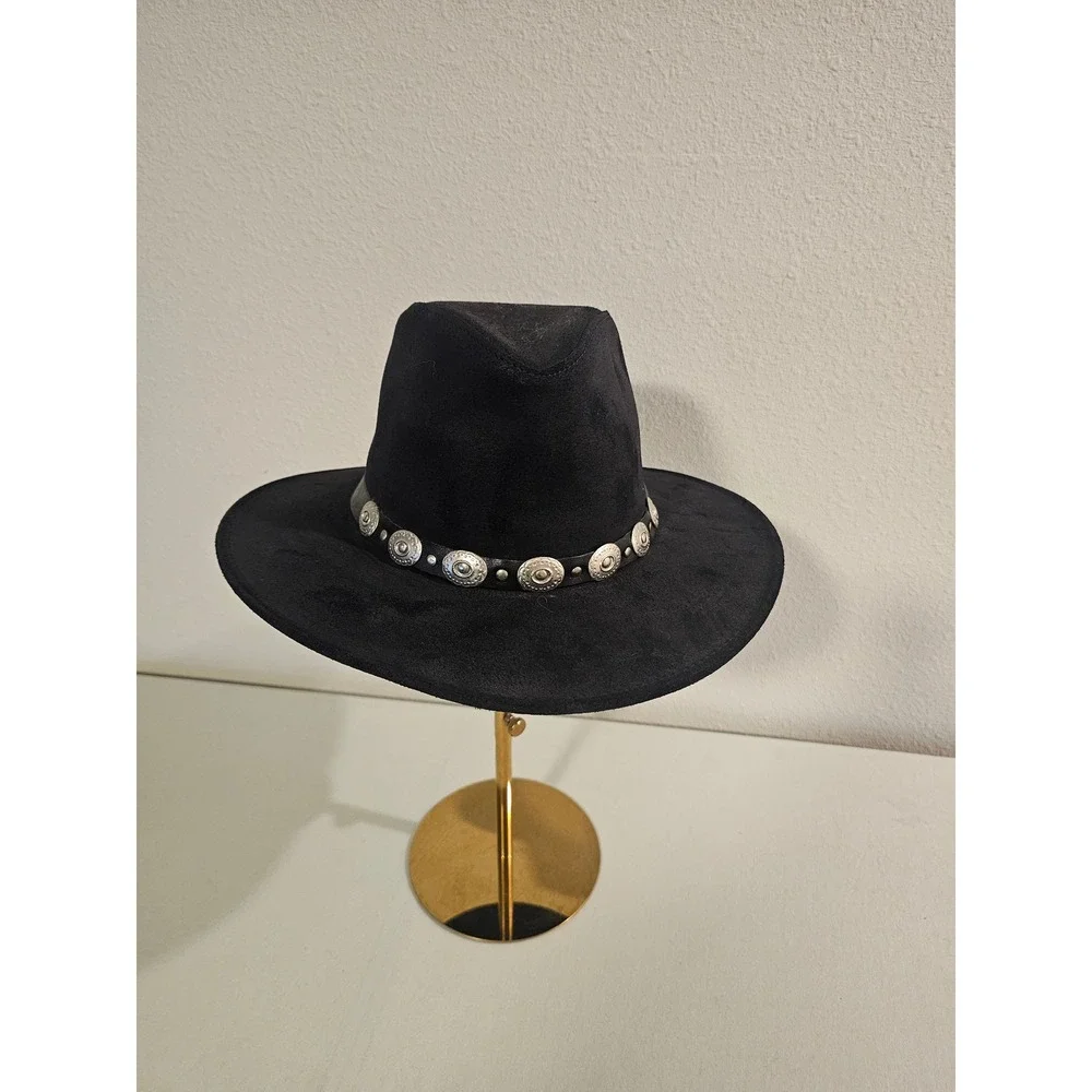 Henschel Hat Co Large Black Leather Fedora Concho Band Made In USA